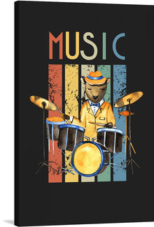  Immerse yourself in the rhythmic allure of this exclusive art print, where music and visual art converge to create a symphony for the senses. A skillful bear, adorned in a classic suit and hat, passionately plays the drums against a backdrop of vibrant colors that dance to the beat of every stroke.