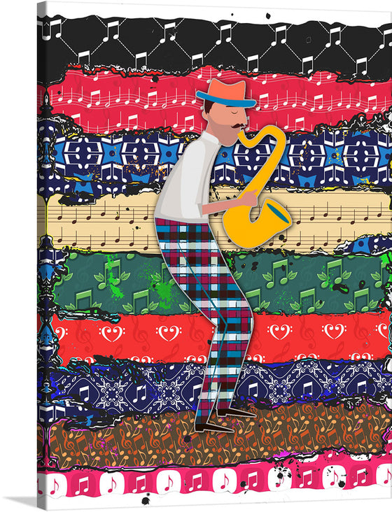 “Saxophone Player” is a captivating artwork that captures the essence of musical ecstasy. The image features a stylized saxophonist against a backdrop of colorful patterns. The saxophonist is depicted wearing plaid pants, playing a yellow saxophone. The background consists of horizontal stripes filled with different patterns including musical notes, hearts, stars and abstract shapes.