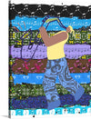 “Saxophone Woman Player” is a vibrant artwork that captures the soul-stirring essence of music and movement. The image features an abstract representation of a woman playing the saxophone against a backdrop of colorful patterns. The saxophonist is depicted wearing plaid pants, playing a yellow saxophone. 