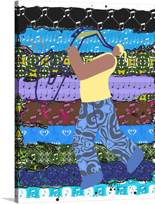  “Saxophone Woman Player” is a vibrant artwork that captures the soul-stirring essence of music and movement. The image features an abstract representation of a woman playing the saxophone against a backdrop of colorful patterns. The saxophonist is depicted wearing plaid pants, playing a yellow saxophone. 
