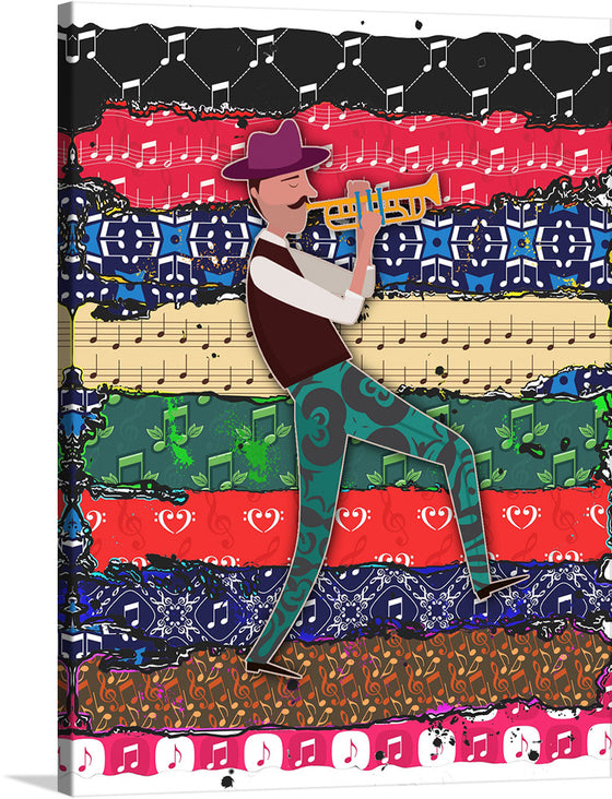 Immerse yourself in the harmonious blend of music and art with this captivating print. A figure, immersed in melody, plays a golden trumpet amidst a backdrop of vibrant and eclectic patterns. Each layer of the background is a symphony of different textures and motifs - from musical notes dancing in the air to whimsical designs that echo the rhythm of a song. 