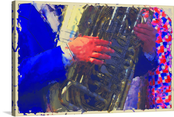 Immerse yourself in the vibrant and dynamic world of this exclusive print, where the passionate embrace of music and color collide. Every stroke captures the intimate dance between a musician their beloved tuba. The artwork, awash with bold blues and radiant reds, invites you to experience the soul-stirring harmony of visual artistry and melodic tones. 