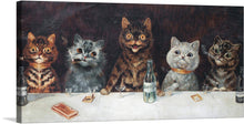  Step into a whimsical world with this captivating print, where the finer things in life are enjoyed by the most unlikely connoisseurs - cats! This artwork features five feline friends of different breeds, each showcasing their unique personalities as they gather around a table adorned with vintage bottles and elegant glassware. 