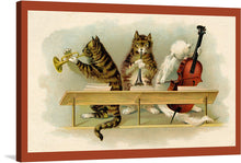  This whimsical print of cats playing different instruments is a surefire way to bring a smile to your face. The image is full of life and energy, as the cats play their instruments with gusto. This print is perfect for anyone who loves cats, music, or simply fun and whimsical art. It would make a unique and eye-catching addition to any home or office.