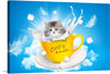 Kitten, Coffee, and Milk” is a delightful artwork that captures the playful essence of a fluffy kitten amidst a dynamic splash of milk, all contained within an inviting yellow coffee cup. The vivid blue sky backdrop accentuates the kitten’s enchanting gaze, drawing you into a moment of pure serenity and joy.