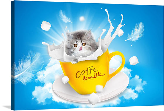 Kitten, Coffee, and Milk” is a delightful artwork that captures the playful essence of a fluffy kitten amidst a dynamic splash of milk, all contained within an inviting yellow coffee cup. The vivid blue sky backdrop accentuates the kitten’s enchanting gaze, drawing you into a moment of pure serenity and joy.