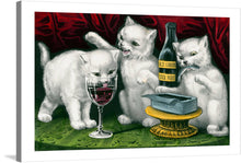  Dive into the whimsical world of “Feline Feast,” a captivating artwork print that captures the playful and mischievous nature of kittens. In this piece, three white kittens are caught in the act, one sipping from a glass of wine and another curiously inspecting a bottle labeled “OLD LONDON DOCK PORT.” A can of sardines lies open nearby, adding to the narrative of their delightful mischief. 