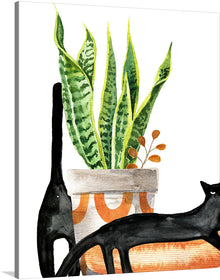  “Black Cats” is a playful and modern print that would make a great addition to any home. The print features two black cats lounging around a potted plant, with a pop of color from the orange and green leaves. 