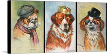  Step into the whimsical world of Louis Wain with this charming triptych print. The artwork features three distinguished dogs - a bulldog, a fox hound, and a pekingese- each elegantly dressed in hats and smoking pipes. The bulldog, in a tweed cap, the fox hound in a boater hat, and the pekingese in a top hat, all exude a sense of refined humor. 