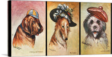  Immerse yourself in the captivating world of Louis Wain with this exquisite triptych print. The artwork showcases three distinct dog breeds - a bloodhound, a collie, and a Scottish terrier - each adorned with a unique hat. 