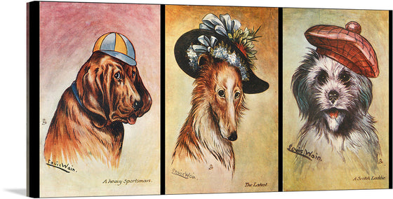 Immerse yourself in the captivating world of Louis Wain with this exquisite triptych print. The artwork showcases three distinct dog breeds - a bloodhound, a collie, and a Scottish terrier - each adorned with a unique hat. 