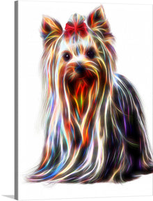  This print is a vibrant and playful depiction of a Yorkshire Terrier, rendered in a rainbow of colors. The artist’s use of fluid color blending brings the dog’s fur to life, creating an eye-catching image that stands out against the white background. 