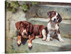 This print by P. Rivière is a heartwarming depiction of two puppies at rest. The artist has beautifully captured the innocence and playfulness of a brown dachshund with a white chest and paws, and a white and brown hound. They are seen resting on a stone step, adding a rustic charm to the scene. 