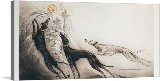 “Woman With Greyhounds” by Louis Icart invites you to step into a world of elegance and grace. In this exquisite piece, a woman stands surrounded by three sleek greyhounds—a harmonious dance of motion and emotion. The intricate detailing of their forms, combined with the ethereal beauty of the woman, evokes a sense of timeless allure. Each stroke tells a story of companionship and poise, capturing the bond between human and hound. 