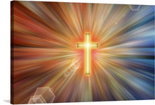  This captivating digital art print features a golden cross bathed in a radiant burst of light. The cross stands at the center, exuding both spirituality and serenity. The dynamic composition, with rays of vibrant colors emanating from the core, draws the viewer’s gaze.