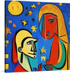 “Joseph And Mary” is an exquisite artwork that captures the serene yet powerful connection between these iconic figures. The artwork is an abstract representation of Joseph and Mary rendered in bold lines and vibrant colors. Joseph is depicted with features accentuated by black outlines; his face is painted primarily in yellow with elements of green.