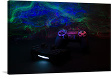  “Joysticks, Playstation, Game” is a mesmerizing artwork that captures the essence of intense gameplay and the unyielding passion of a gamer. The print features two iconic PlayStation controllers illuminated against a dynamic backdrop of swirling neon lights, symbolizing the vibrant energy and immersive experience that awaits every player.