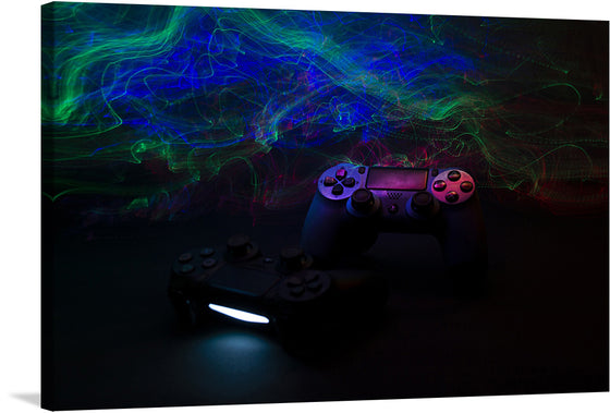 “Joysticks, Playstation, Game” is a mesmerizing artwork that captures the essence of intense gameplay and the unyielding passion of a gamer. The print features two iconic PlayStation controllers illuminated against a dynamic backdrop of swirling neon lights, symbolizing the vibrant energy and immersive experience that awaits every player.