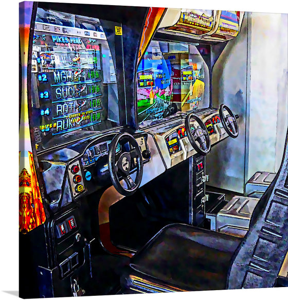 “Row Of Video Games” is a vibrant and captivating artwork that captures the essence of classic arcade gaming. The artwork features a lineup of iconic racing game machines, each adorned with colorful graphics and inviting displays that beckon players to step up and immerse themselves in a virtual race. 