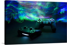  Dive into the electrifying world of gaming with this mesmerizing artwork, now available as a premium print! Two iconic game controllers are captured amidst a dynamic dance of radiant, multicolored lights that weave and swirl around them, illuminating the dark backdrop. Every strand of light is infused with energy, symbolizing the pulsating excitement and boundless possibilities that await in the universe of interactive entertainment. 