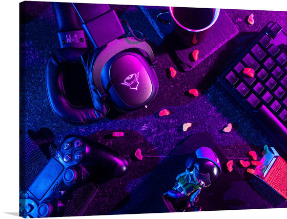 The artwork captures the essence of the gaming world with its intricate design and vibrant colors. The headphones, keyboard, and game controller are all depicted in stunning detail, making it feel like you can reach out and touch them. 