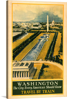  “Washington Travel” is a captivating canvas print that transports viewers to the heart of America’s capital, Washington D.C. This artwork, rich in detail and color, showcases an aerial view of the iconic National Mall with its lush greenery and reflective pools leading to the majestic Washington Monument and Capitol Building. 