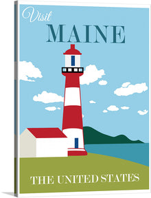  “Maine USA” is a stunning artwork that captures the essence of Maine’s natural beauty. This captivating print features a picturesque landscape of rolling hills, azure skies, and lush greenery, with an iconic red and white lighthouse standing majestically in the center. 