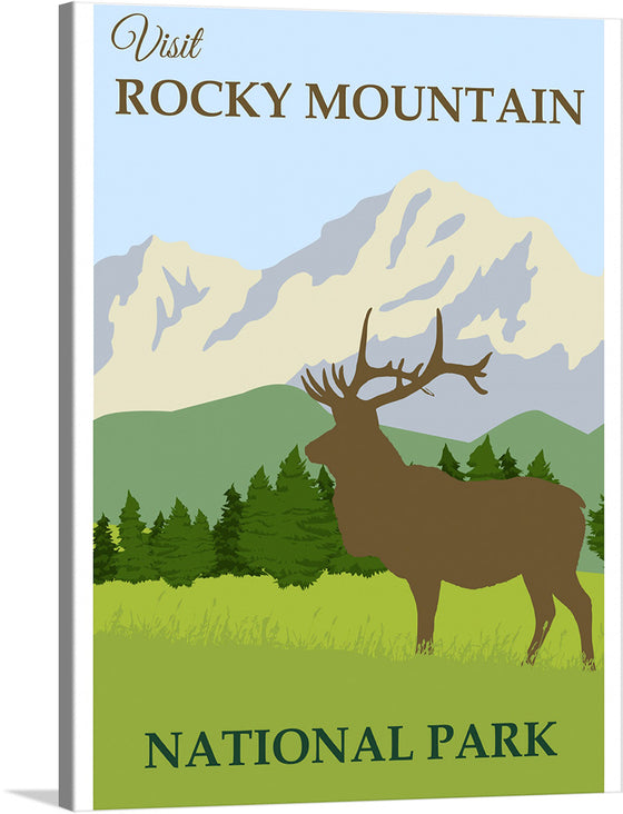 Immerse yourself in the serene beauty of nature with this exquisite print of “Visit Rocky Mountain National Park.” The artwork captures the majestic presence of a stag, standing tall against the backdrop of the iconic Rocky Mountains veiled in mist. Every detail, from the lush greenery to the towering peaks, invokes a sense of wanderlust and an unyielding call to explore. This piece is more than a visual treat; it’s an invitation to step into a world where nature’s grandeur knows no bounds.