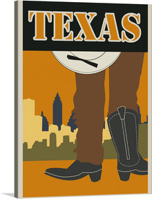  “Texas Travel” invites you to a journey across the vast and diverse landscape of the Lone Star State. In this captivating print, the bold typography proudly spells out “TEXAS,” evoking the spirit of a place where everything is bigger and bolder. Beneath it lies an illustration that weaves together iconic Texan imagery: a cowboy’s legs, clad in classic boots, and a white hat. 
