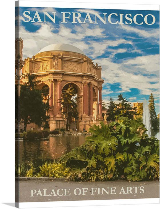 “San Francisco Travel” invites you on a visual voyage to the heart of the City by the Bay. This captivating print showcases the majestic Palace of Fine Arts, its grand arches and intricate detailing standing as a testament to classical elegance. Reflected in a serene pond, the structure harmonizes with lush greenery, creating a tranquil oasis. 