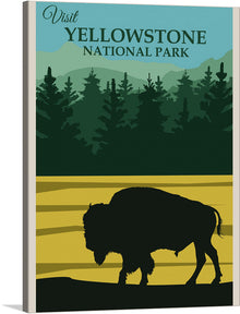  This print invites you to “Visit YELLOWSTONE NATIONAL PARK” and immerses you in the serene beauty of nature. The artwork captures the majestic silhouette of a bison, a symbol of the wild and untamed spirit of Yellowstone, set against the backdrop of lush forests and rolling hills painted in harmonious shades of green and yellow. 