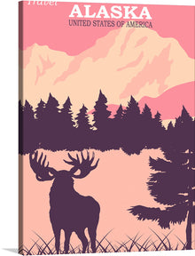  This exquisite print captures the untamed wilderness of Alaska, featuring a majestic moose silhouetted against a backdrop of towering mountains and lush forests. The harmonious blend of soft pinks and deep blacks encapsulates the tranquil yet wild spirit of America’s Last Frontier. This artwork is more than just a piece to adorn your walls; it’s a testament to the serene beauty of Alaska, making it a perfect addition for those who seek to bring a touch of nature’s grandeur into their space.