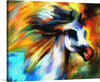 A vibrant and dynamic Horse, gallops across the canvas with an electrifying energy. The riot of hues—turquoise, crimson, and sunburst yellow—melds seamlessly, capturing the essence of movement and freedom.