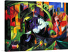 Franz Marc’s “Abstract with Cattle” is a mesmerizing fusion of abstract shapes and bold primary colors. Painted in 1913, this masterpiece showcases Marc’s unique interpretation of a group of animals.