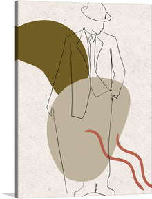  Immerse yourself in the enigmatic allure of this contemporary artwork. This print, a harmonious blend of minimalism and profound expression, captures the elegance of a figure adorned in a stylish hat and suit. The figure, outlined with graceful simplicity, stands against a textured backdrop where olive and taupe abstract shapes dance around, evoking a sense of movement and depth. Red lines weave through the composition like threads of destiny, adding an element of intrigue.