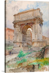 This beautiful watercolor print of the Arch of Titus in Rome is a must-have for any art lover. The artist has captured the grandeur of the ancient monument with a delicate touch, making it a perfect addition to any collection. The painting is done in a loose, impressionistic style with soft colors. 