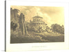 “Santa Costanza, Rome, cirka 1819” is an exquisite print that captures the architectural elegance and natural surroundings of this iconic structure with a level of detail that breathes life into history. The artwork depicts an artistic rendering of Santa Costanza in Rome, set against a backdrop of cloudy skies which adds a dramatic effect. 