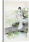  A figure, adorned in a gracefully flowing kimono, stands amidst a tranquil landscape of blossoming irises and reflective waters. Every brushstroke captures the harmonious dance between nature and humanity, inviting viewers into a world where every detail is steeped in poetic beauty. 