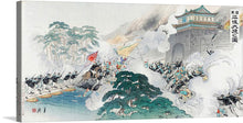  “The Great Victory for the Japanese Army at Pyongyang (1894)” by Ogata Gekko is a captivating glimpse into a pivotal moment in history. In this exquisite print, the forces of Meiji Japan clash with the Qing China in the Battle of Pyongyang during the First Sino-Japanese War.