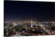  “Night view of cityscape in Tokyo, Japan” is a breathtaking artwork that captures the essence of Tokyo at night. The iconic Tokyo Tower stands majestically amidst a sea of illuminated buildings, while the distant, twinkling lights that adorn the expansive horizon create a serene backdrop. 