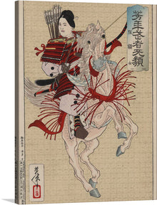  Immerse yourself in the dynamic energy and rich culture encapsulated in this exquisite print of a traditional Japanese artwork. The piece captures a warrior, poised with grace and determination, riding a spirited horse adorned with intricate details.