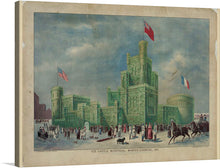  Step into the enchanting scene of the 1887 Montreal Winter Carnival with this exquisite print. The artwork meticulously brings to life the majestic ice castle, adorned with flags fluttering proudly against the serene sky. The lively atmosphere is palpable as people clad in vintage attire enjoy sleigh rides and engage in merriment amidst a backdrop of architectural grandeur.