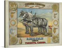  Step back in time with this exquisite print, a reproduction of the 1876 Centennial Exhibition artwork. This piece showcases R. Malcolm’s saddlery expertise from Toronto, Canada, featuring majestic horses adorned in finely crafted harnesses. Surrounded by vintage illustrations of saddles and harnesses, every detail is a nod to an era of impeccable craftsmanship and artistry. 