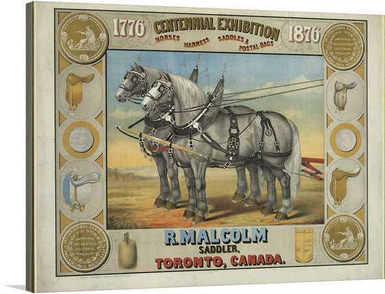 Step back in time with this exquisite print, a reproduction of the 1876 Centennial Exhibition artwork. This piece showcases R. Malcolm’s saddlery expertise from Toronto, Canada, featuring majestic horses adorned in finely crafted harnesses. Surrounded by vintage illustrations of saddles and harnesses, every detail is a nod to an era of impeccable craftsmanship and artistry. 