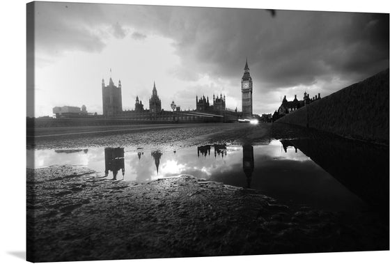 Immerse yourself in the enigmatic allure of London with this exquisite print of “The Palace of Westminster by the River Bank.” Every detail, from the iconic Big Ben to the majestic spires of Westminster, is captured with impeccable clarity. The monochromatic tones imbue a timeless elegance, while the reflection in the tranquil waters of the River Thames adds a touch of mystique. 