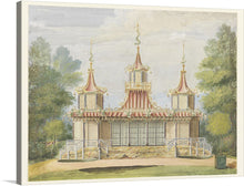  “The Fishing Temple, Virginia Water, England” by Frederick Crane invites you into a serene and enchanting world. This exquisite print captures the architectural elegance and natural beauty that intertwine in a dance of visual harmony. The temple, adorned with intricate designs and crowned with ornate spires, stands as a testament to the refined aesthetics of a bygone era. 