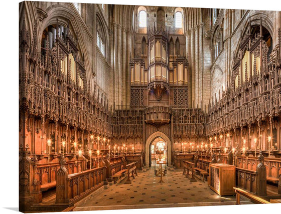 This print captures the awe-inspiring interior of the Ripon Cathedral Choir in Yorkshire, England. The intricate carvings on the wooden pews, the towering stone arches, and the majestic organ above the entrance are all rendered with stunning clarity. The warm glow of numerous candles illuminates the space, enhancing the patterned tiles and the high ceilings adorned with architectural details. 