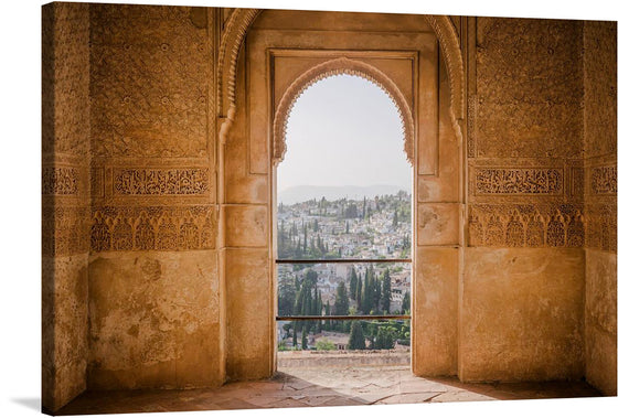 This exquisite print captures the serene beauty of an ancient, ornately carved archway that opens up to a breathtaking view of a cityscape. The intricate designs etched into the golden-hued stone walls tell tales of a time long past, inviting viewers into a world where art and history intertwine seamlessly. Beyond the archway, the city unfolds in layers of architectural wonders, each structure contributing to the harmonious blend of old and new.