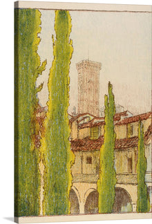  This print invites you to step into a world where nature and architecture unite in harmony. It captures an idyllic scene of rustic buildings, their earth-toned facades adorned with creeping vines, nestled amidst towering cypress trees reaching skyward in verdant splendor. A tower stands sentinel, echoing tales of a time long past yet vividly alive in this artwork. 