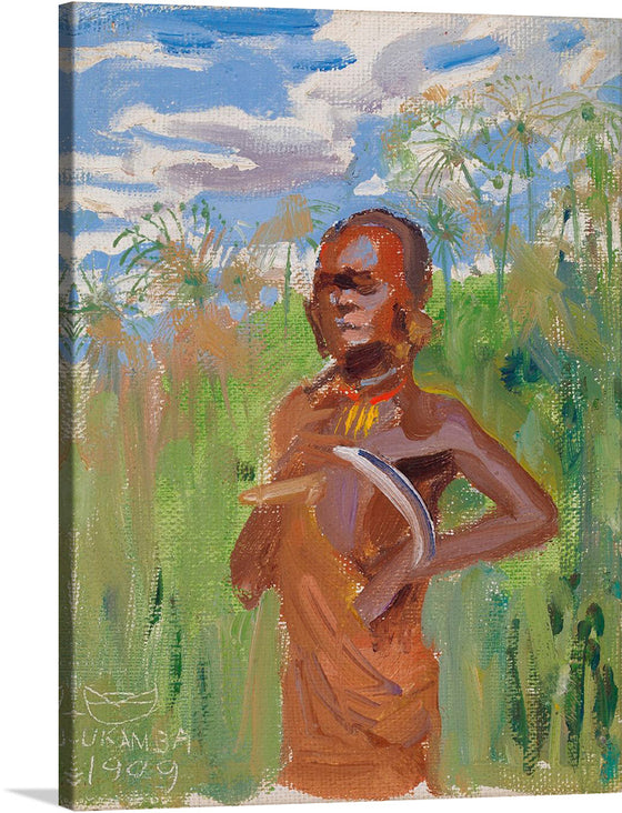 “Kikuyu in Papyrus Reeds, 1909” by Akseli Gallen-Kallela is a stunning artwork that captures the essence of nature and humanity in perfect harmony. The painting depicts a person standing amidst tall green papyrus reeds under a blue sky with white clouds. The person is adorned with necklaces and is holding something white close to their body. 